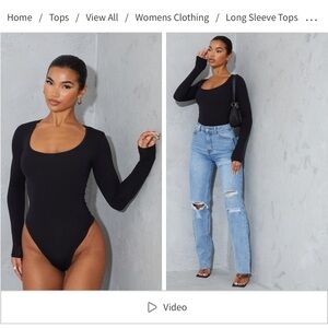 BASIC BLACK COTTON BLEND SCOOP NECK LONG SLEEVE BODYSUIT